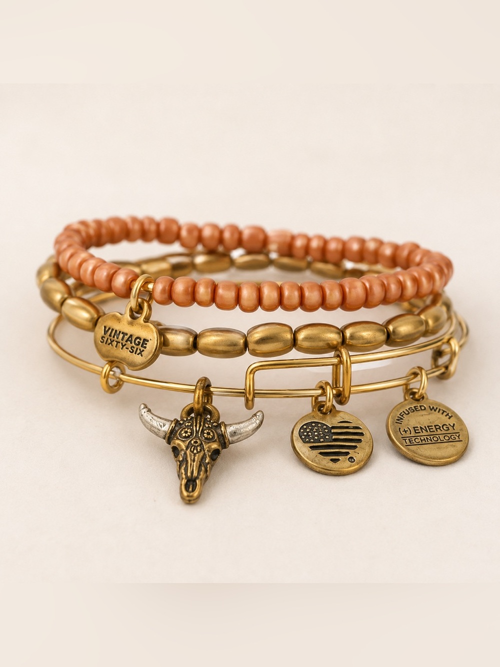 NWT Alex And Ani Savanna / Jordan /Spirited Skull Gold Wrap Bracelet (3) Stack